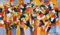 Mashkoor Raza, 36 x 60 Inch, Oil on Canvas, Horse Painting, AC-MR-525